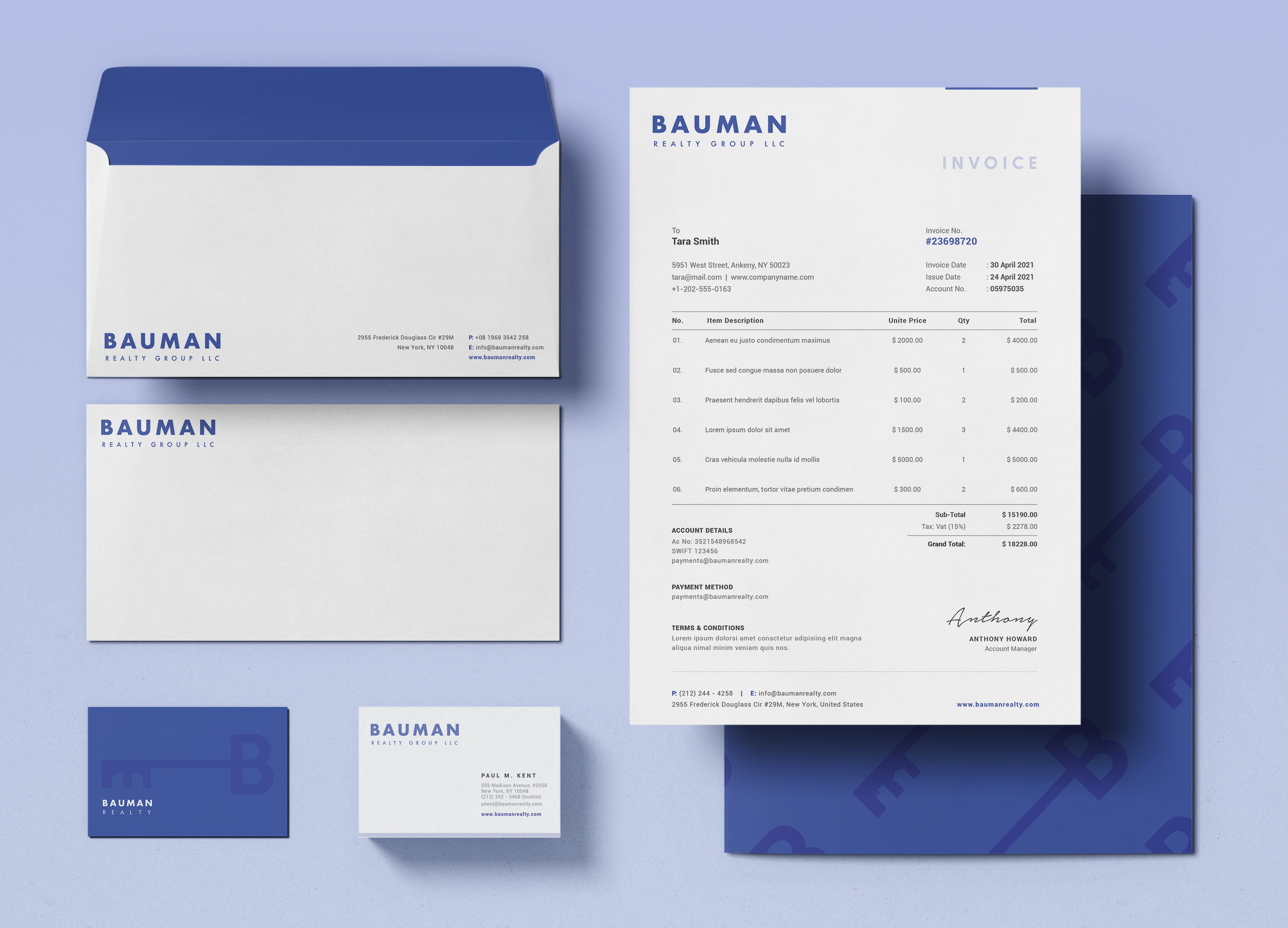 This is a mockup of the Bauman Realty Group's stationary system. There is one sheet of paper (an invoice) that's floating above the outside of a folder (featuring the Bauman key print), as well as the front and back of an envelope, and two sides of a sample business card. The system relies heavily on dark blue and white and is clean and professional, but not boring.