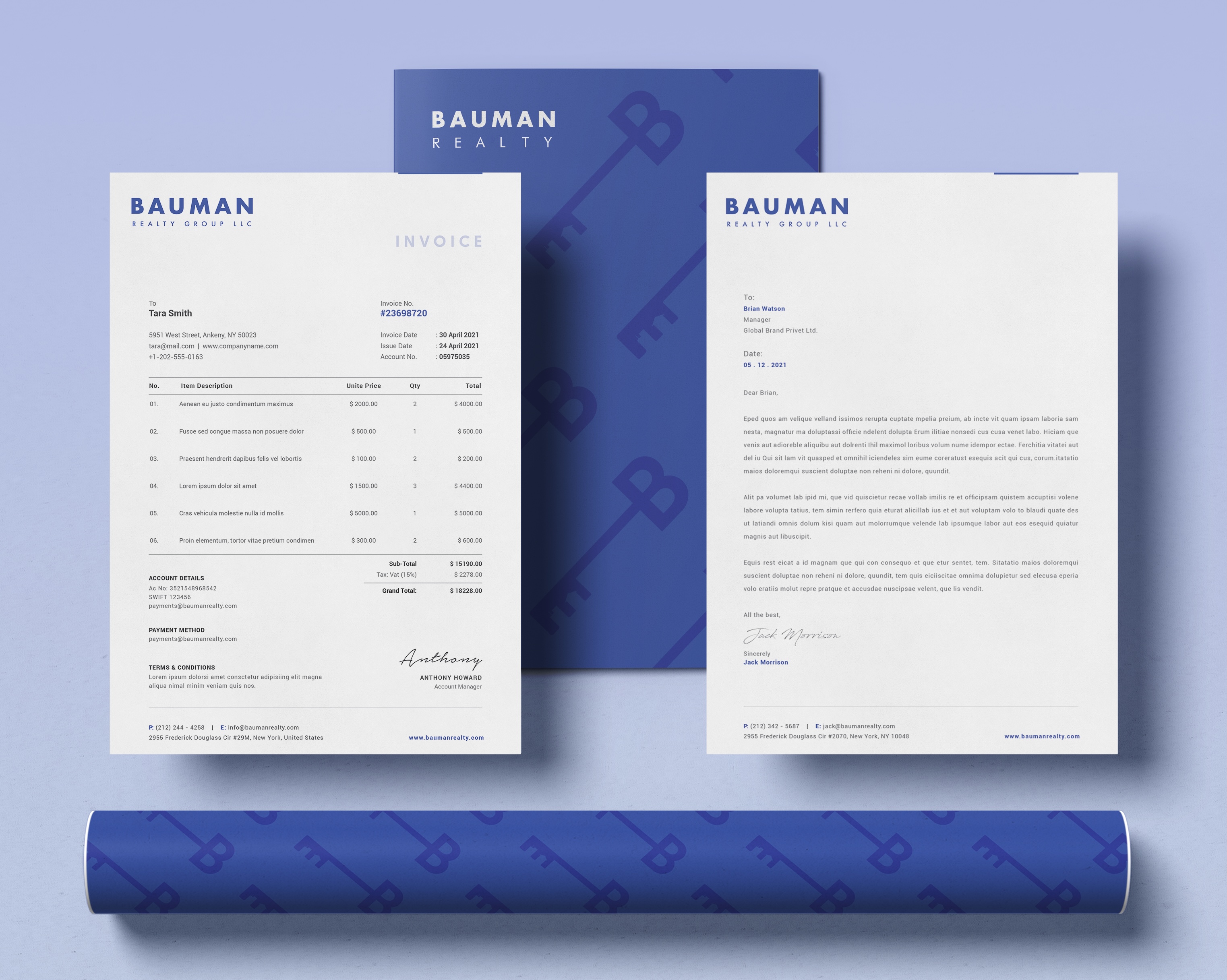 This is a mockup of the Bauman Realty Group's stationary system. There are three sheets of paper and a rolled blueprint (with the logo icon repeated in a pattern). The three sheets are an invoice, letterhead, and a folder. The system features various shades of dark blue, and the objects are set against a light blue background. 