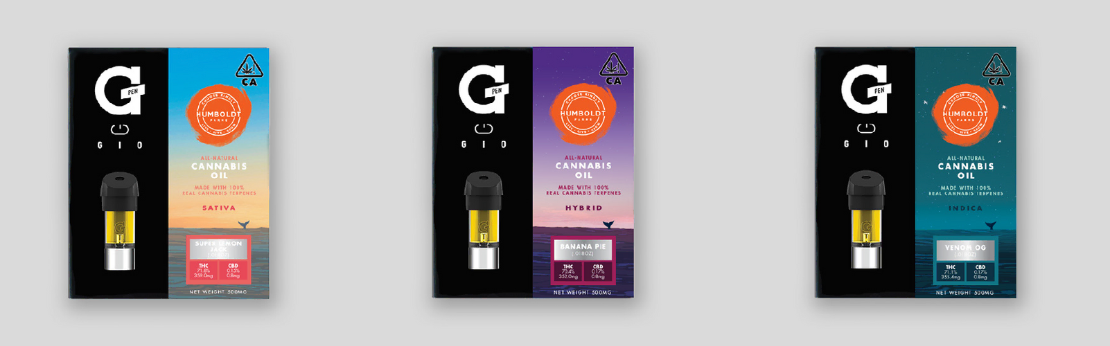 This is an image of three Humboldt Farms packages of cannabis oil for G Pens. There is a Sativa (Super Lemon Jack), a Hybrid (Banana Pie), and an Indica (Venom OG). 