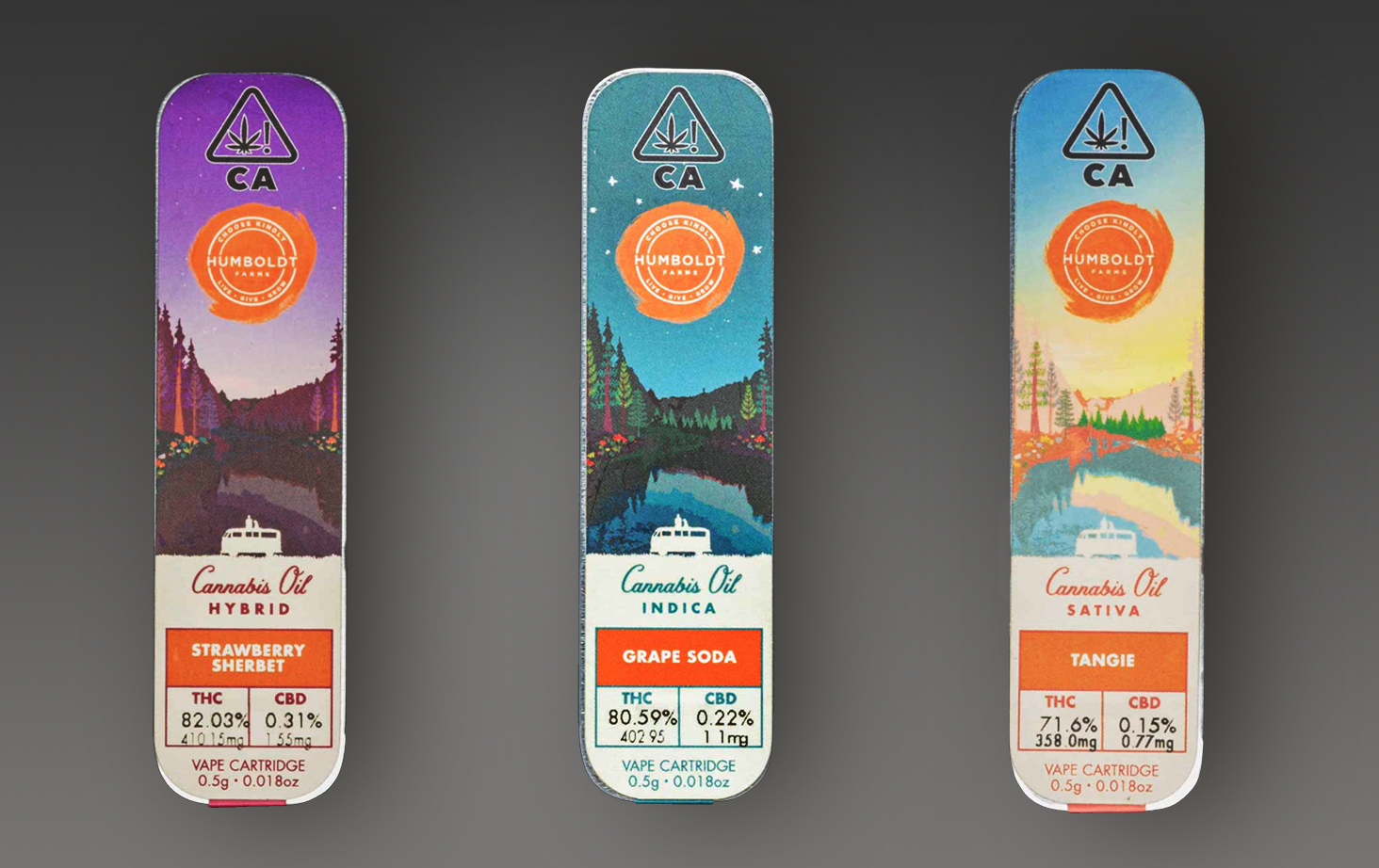 This is an image of three packages of different types of Humboldt Farms vape cartridges, featuring Hybrid, Indica, and Sativa options.