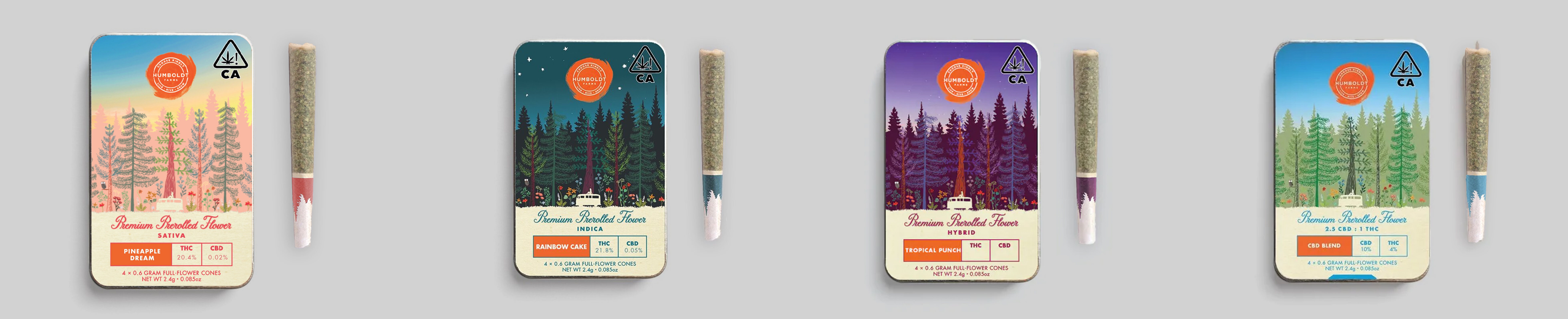 This is an image of 4 varieties of the Humboldt Farms 4ct prerolled joints in their packaging cases. Each case has a joint placed next to it, featuring a different colored filter that corresponds to the color of the respective label on the larger package. The four varieties are Pineapple Dream Sativa, Rainbow Cake Indica, Tropical Punch Hybrid, and a CBD Blend.