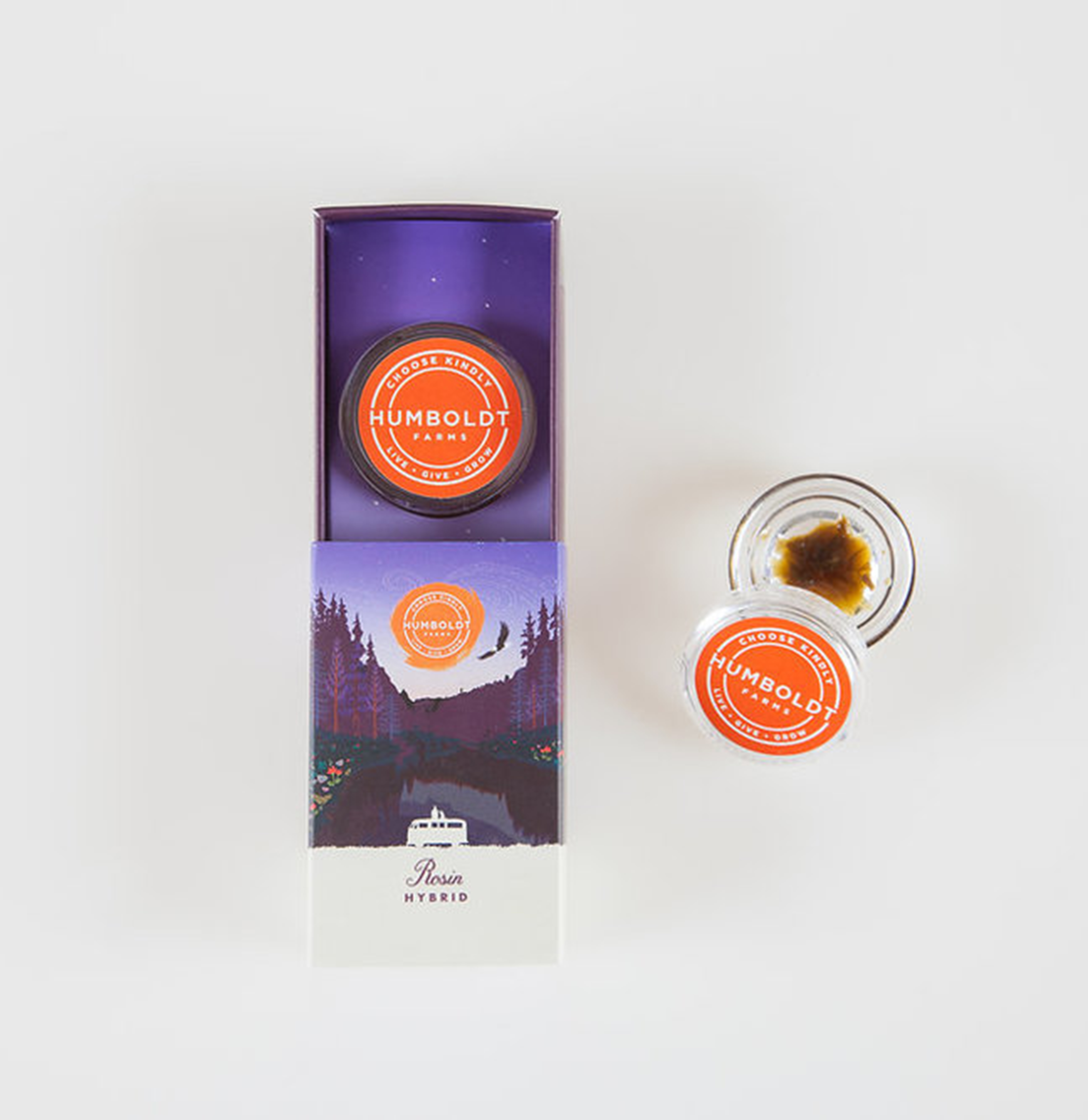 This is an image of Humboldt Farm's packaging for it's resin product, which is sold in a glass dish and placed inside a box with a pullout drawer. This piece of packaging is purple, and is the Hybrid resin product.