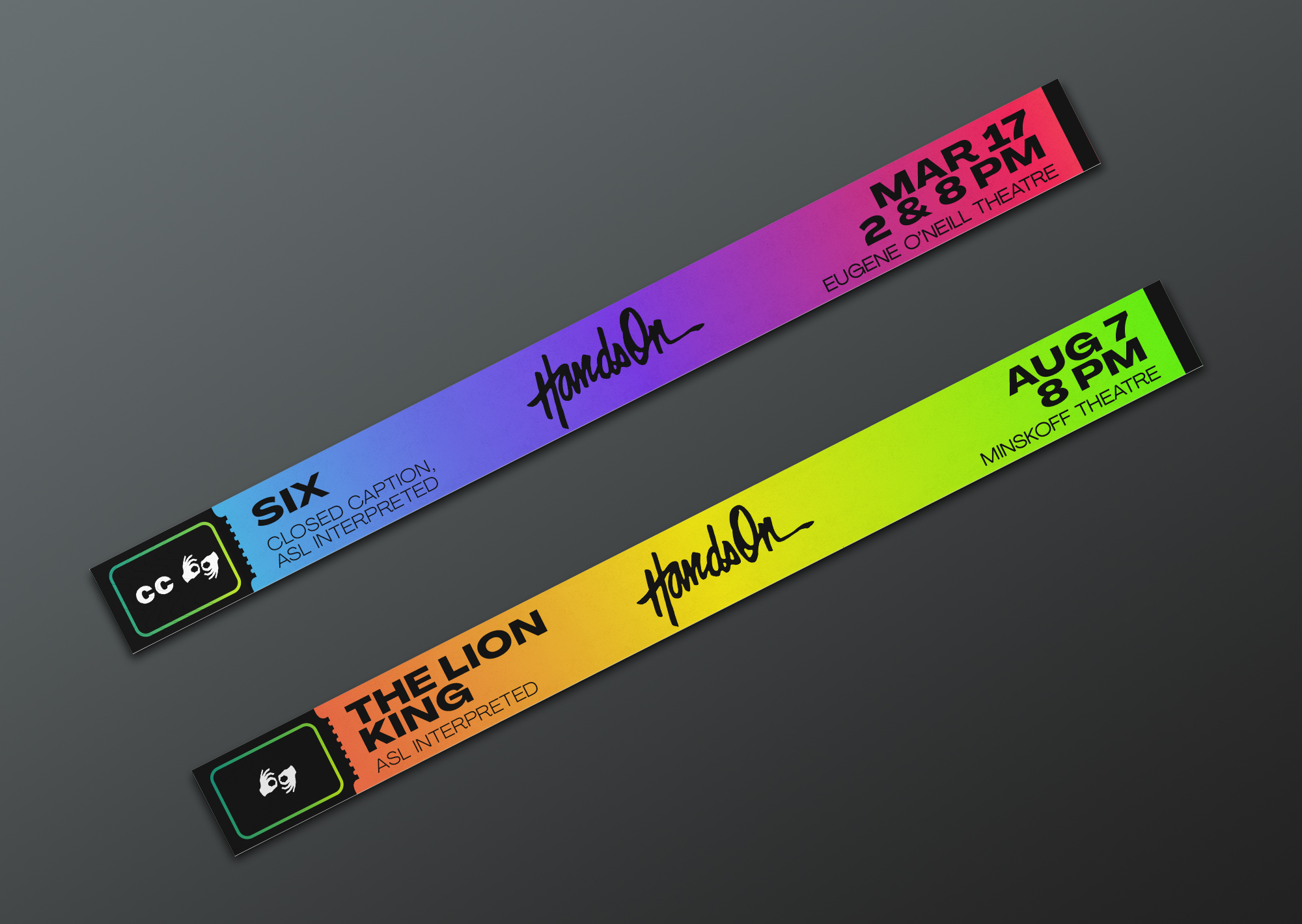 This is an image of two wristband/ticket bracelets for different Hands On productions, laid flat on a grey background. One is for the play "Six" and the other is for "The Lion King". They feature different bright gradients, but the same informational layout.