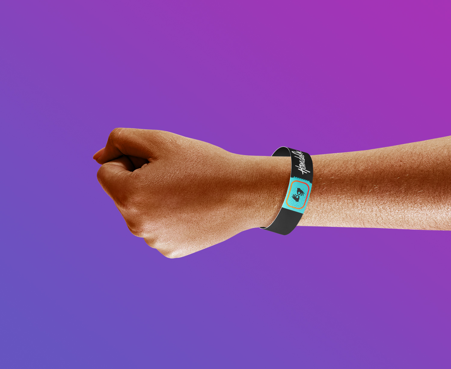 This is an image of a disembodied arm wearing a Hands On bracelet/wristband against a purple gradient background. The bracelet on the wrist is black, with a light blue symbol accent.