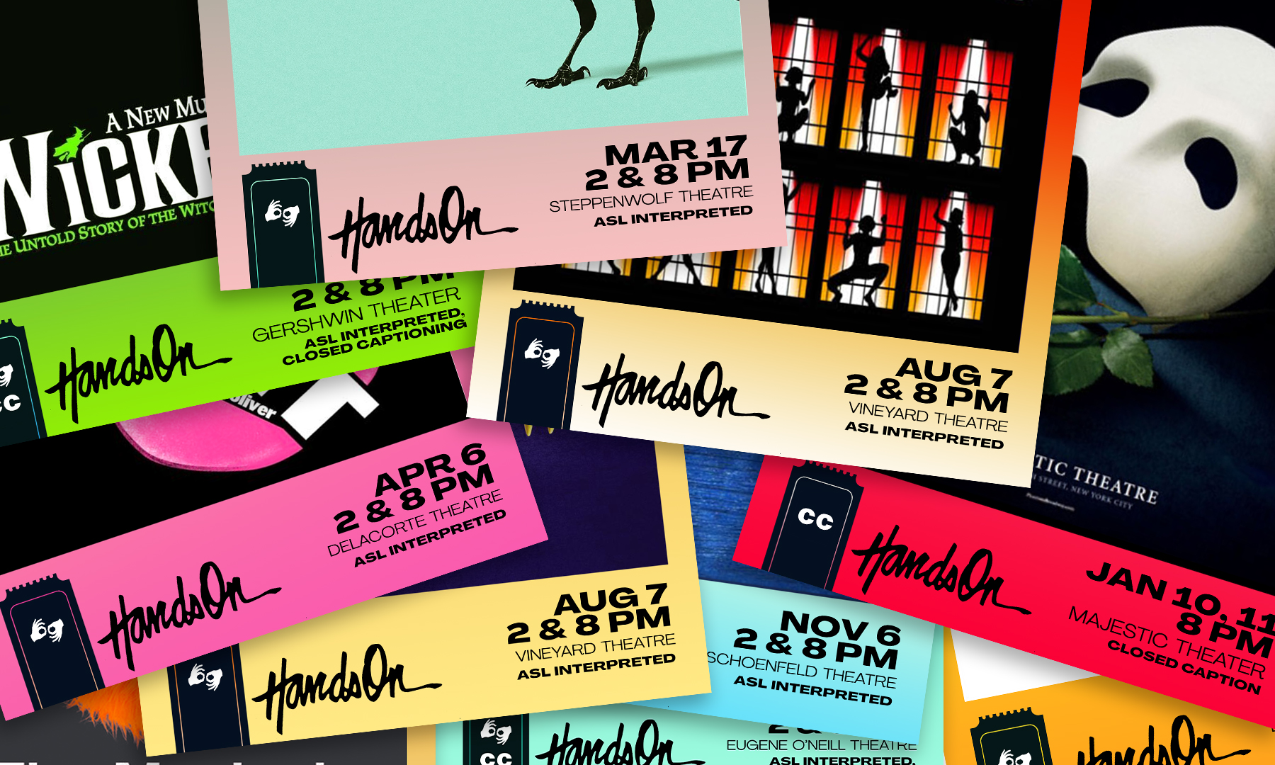 This is an image of a selection of posters that TALISMAN designed for Hands On, in a scattered pile. Each poster features a different musical that the theater has put on, and the border of each poster features a different, bright color.