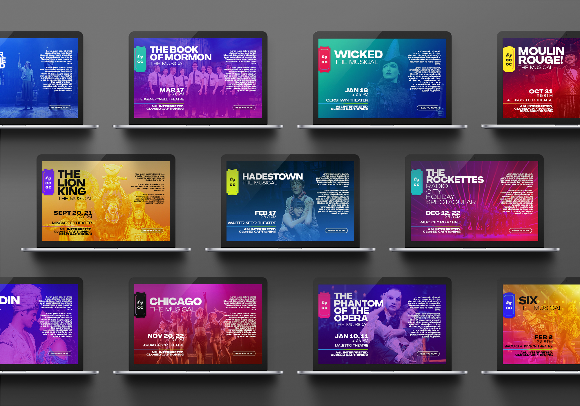 This is an image of many laptop screens on a grey background, featuring various webpages on Hands On's site that illustrate how the brand identity system TALISMAN designed could be applied to different stage performances. All of the pages feature vibrant gradient overlays of still images taken from their respective productions, but all have the same clean text layout.