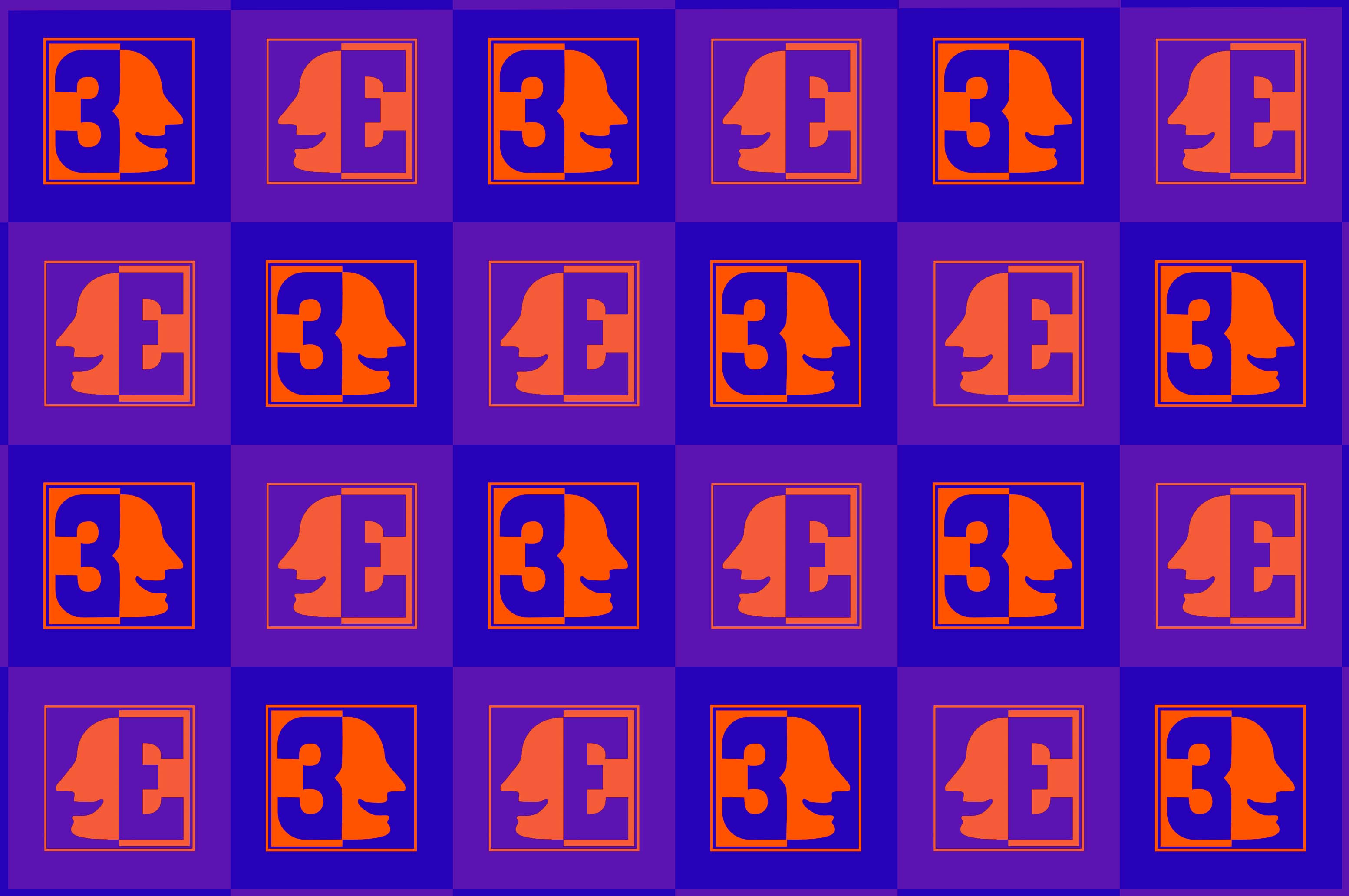 This is a repeating grid of logos for the 30th season of Everyman Theatre Company. The logo features a 3, which can flip almost perfectly to be an E and the silhouette or a mask. The colors alternate between two shades of purple and one orange.