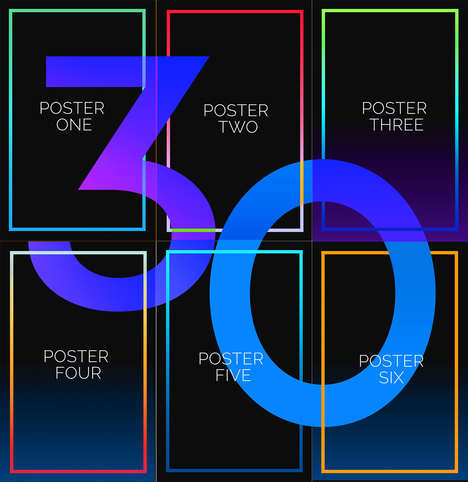 This is an image of the blank template of Everyman Theatre Company's 30th season show lineup. The theater posters are designed to be laid out in a 3x2 grid, and a large "30 spans across all 60. 