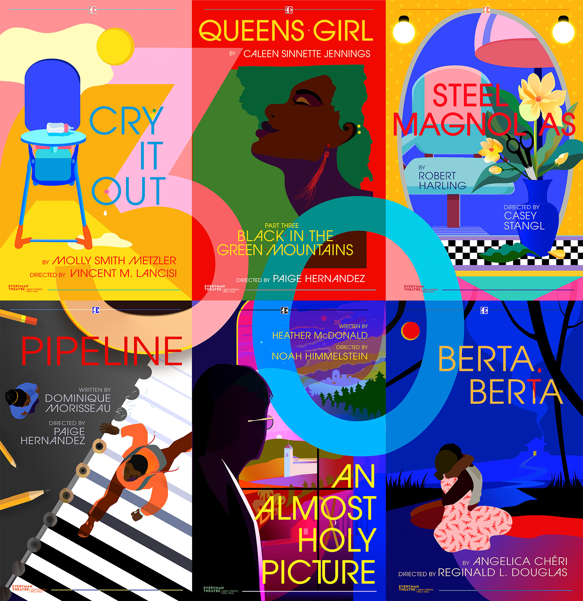 This is an image of the filled out template of Everyman Theatre Company's 30th season show lineup. The theater posters are laid out in a 3x2 grid, and a large "30 spans across all 6, which are "Cry it Out" "Queen's Girl" Steel Magnolias" "Pipeline" "an Almost Holy Picture" and "Berta Berta". There is a unified illustration style and color harmony.