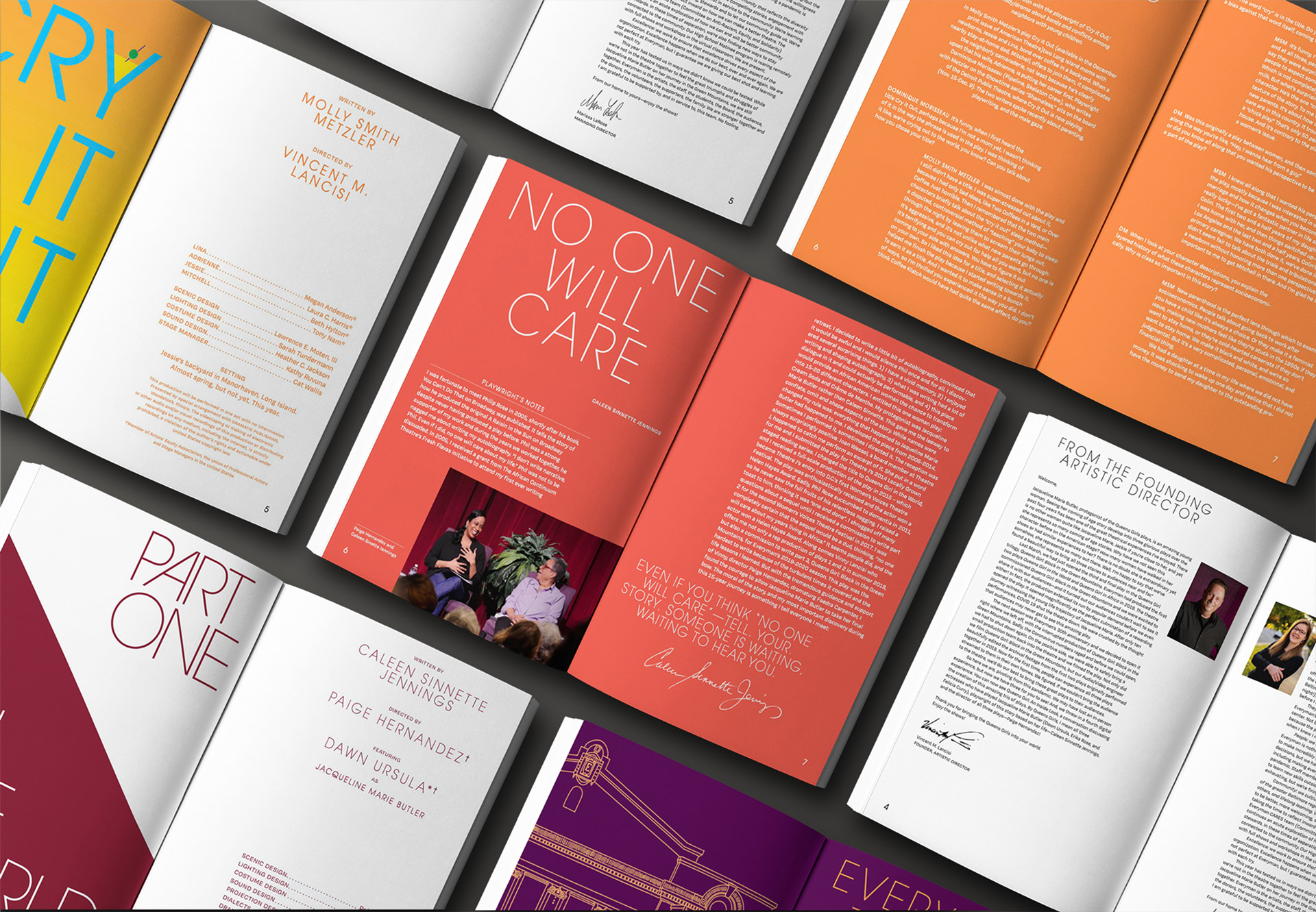 This is a mockup of the Everyman Theatre Company's 30th anniversary editorial spread, in a grid with seven spreads visible. 