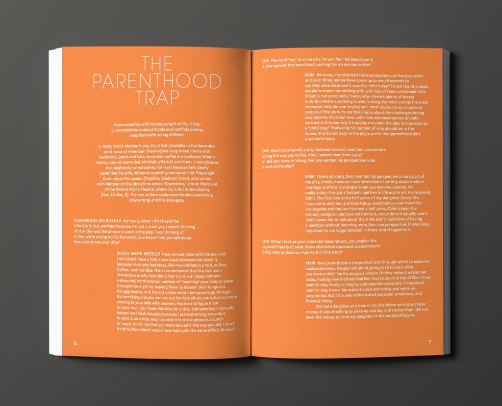 This is a mockup of the Everyman Theatre Company's 30th anniversary editorial spread. This page is orange and features an article entitled "the Parenthood Trap".