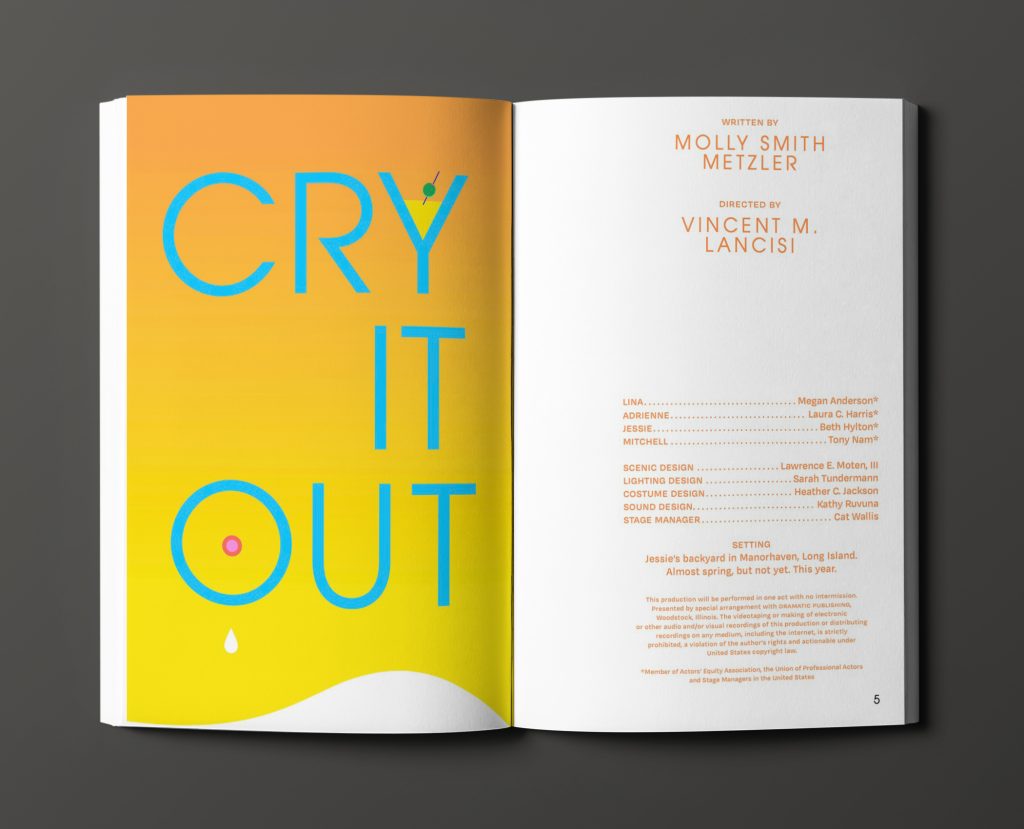 This is a mockup of the Everyman Theatre Company's 30th anniversary editorial spread. There are two pages in an open booklet: one has a yellow to orange gradient and features large text that says "Cry It Out", the page opposite features the credits for the article on a white background.