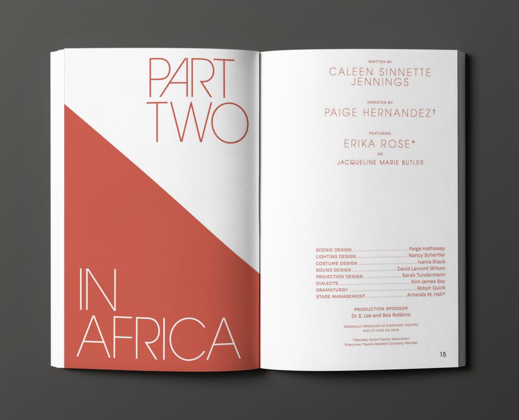 This is a mockup of the Everyman Theatre Company's 30th anniversary editorial spread. This page is split down the middle by a red section and a white one. The text reads "In Africa: Part Two".