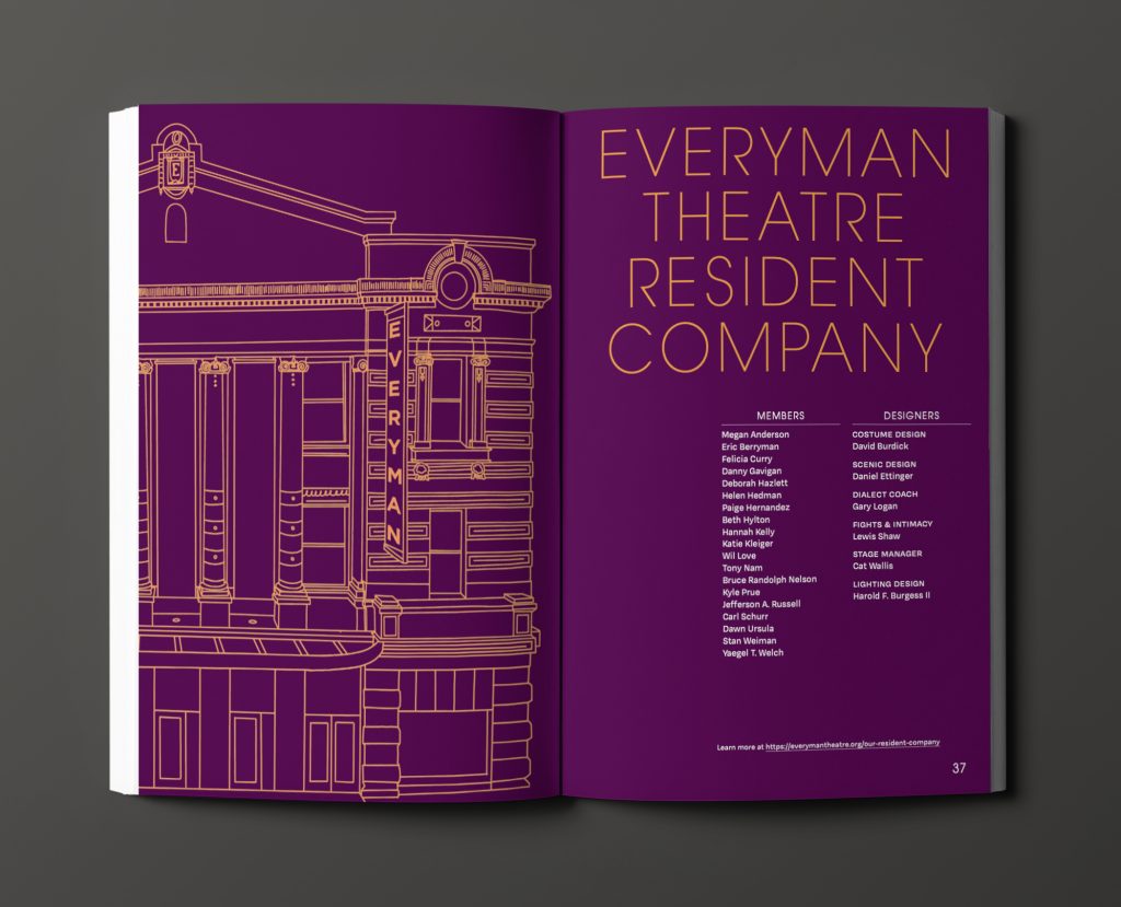 This is a mockup of the Everyman Theatre Company's 30th anniversary editorial spread. This page is dark purple and features an architectural outline of the playhouse, as well as the managerial credits of the company.