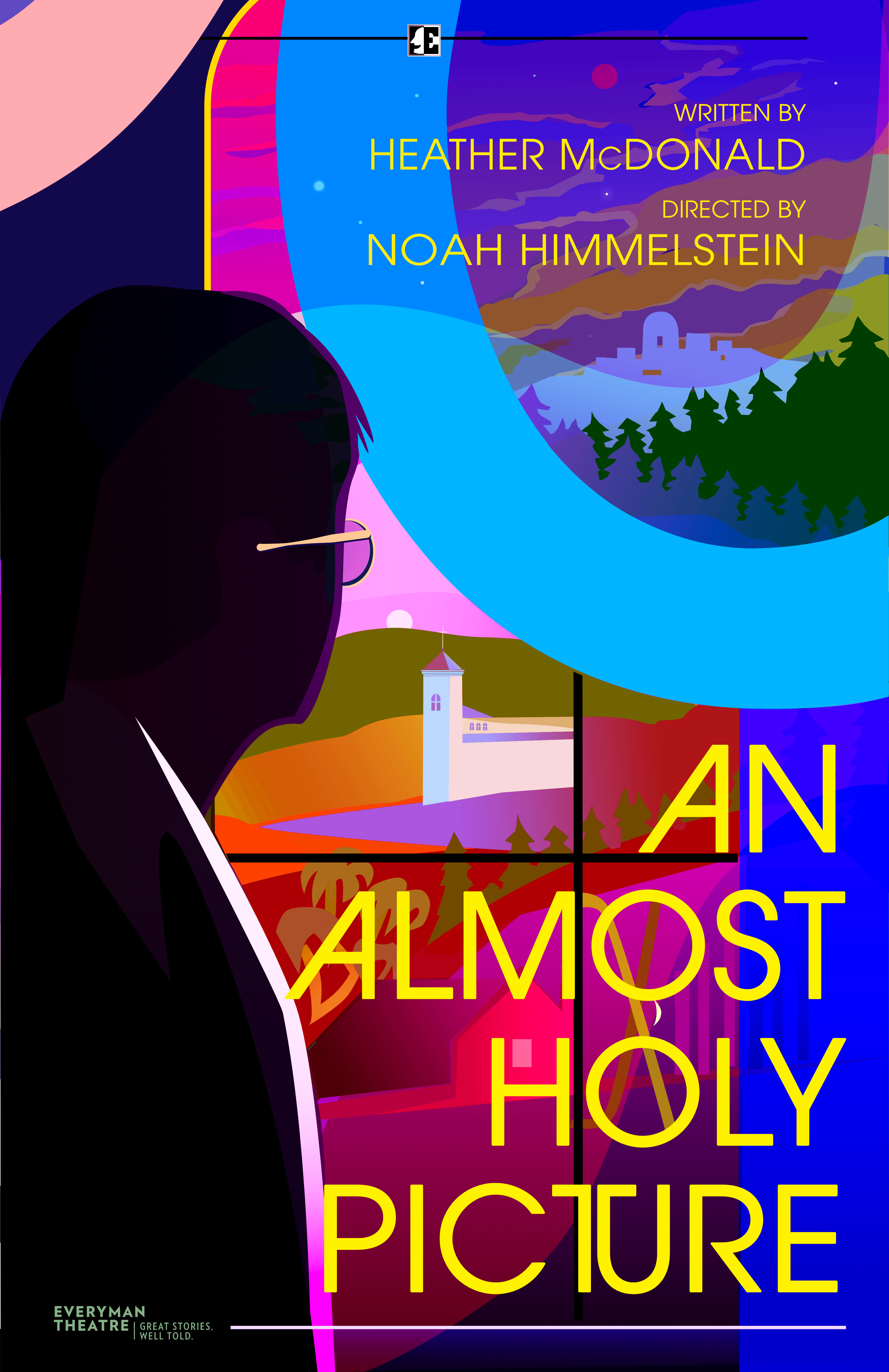 This is an image of a theater poster designed for the Everyman Theater Company's 30th season, specifically, of the production "An Almost Holy Picture". The illustration style is flat, and features the silhouette of a person wearing glasses gazing off at a forested scene with a walled city far in the distance. Both part of a "3" and a "0" are woven into the background. 