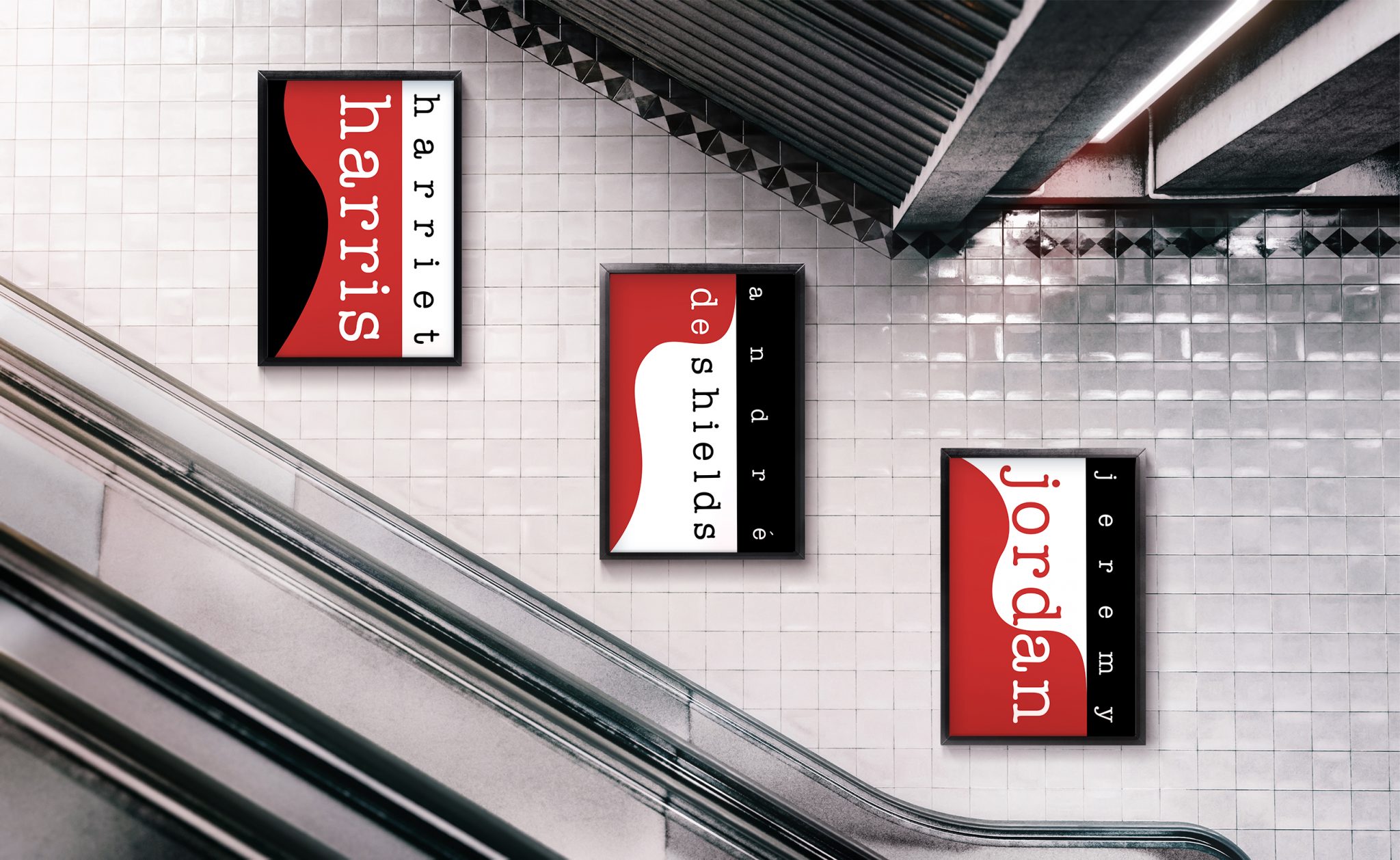 This is a mockup of three posters for "When Playwrites Kill". They are positioned on a diagonal slant and are hung in a subway station with white tile and an escalator in the foreground.