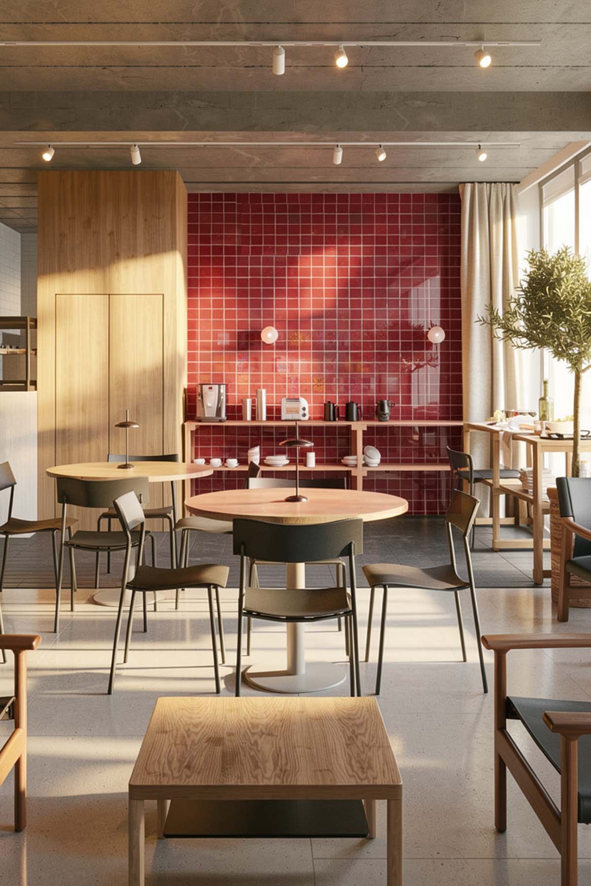 Projekt restauracji hotelowej zakłada stworzenie uniwersalnej przestrzeni, niezwiązanej trwale z jedną marką. Lokal jest przeznaczony zarówno dla gości hotelowych korzystających ze śniadań, jak i dla osób odwiedzających wyłącznie restaurację. Drewniana, harmonijkowa ściana pozwala na wydzielenie dwóch niezależnych stref, dostosowanych do spotkań biznesowych lub wydarzeń rodzinnych.