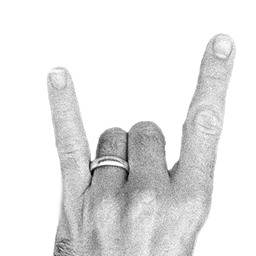 Hand making the rock and roll gesture with the index and pinky fingers extended and two rings on the middle finger.