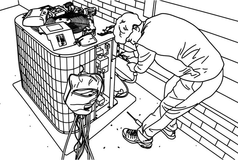 Black and white sketch of HVAC pump and pipes 