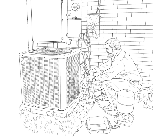 Black and white sketch of HVAC pump and pipes 