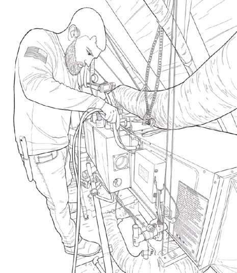 Black and white sketch of HVAC pump and pipes 
