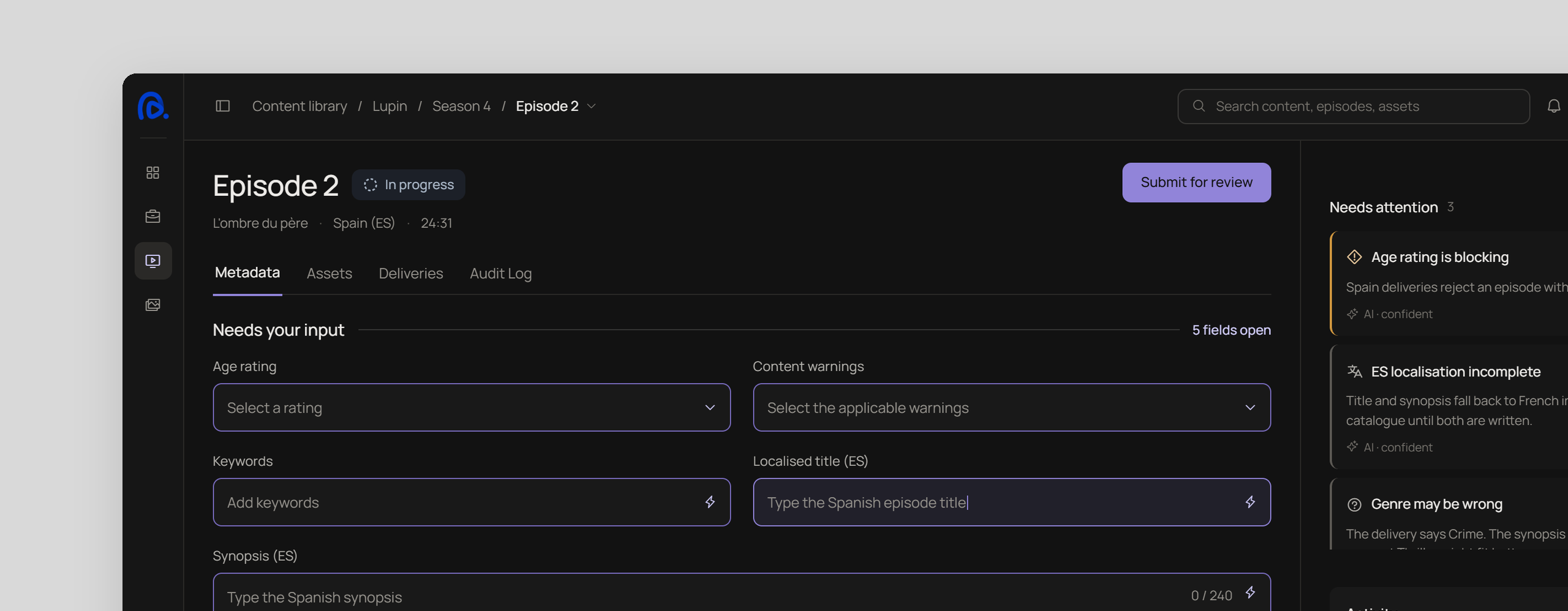 Backlot Episode 2 page: fields that still need input, with AI flags in the Needs attention panel