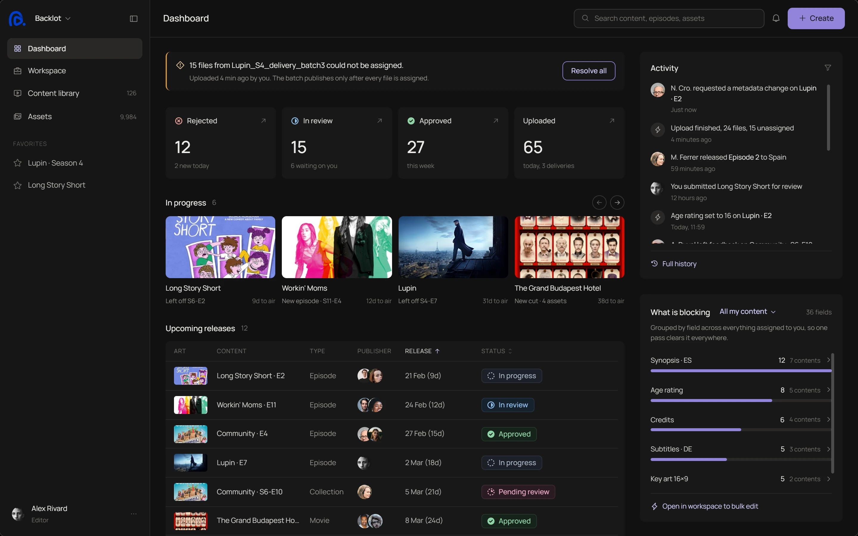 Backlot editor dashboard