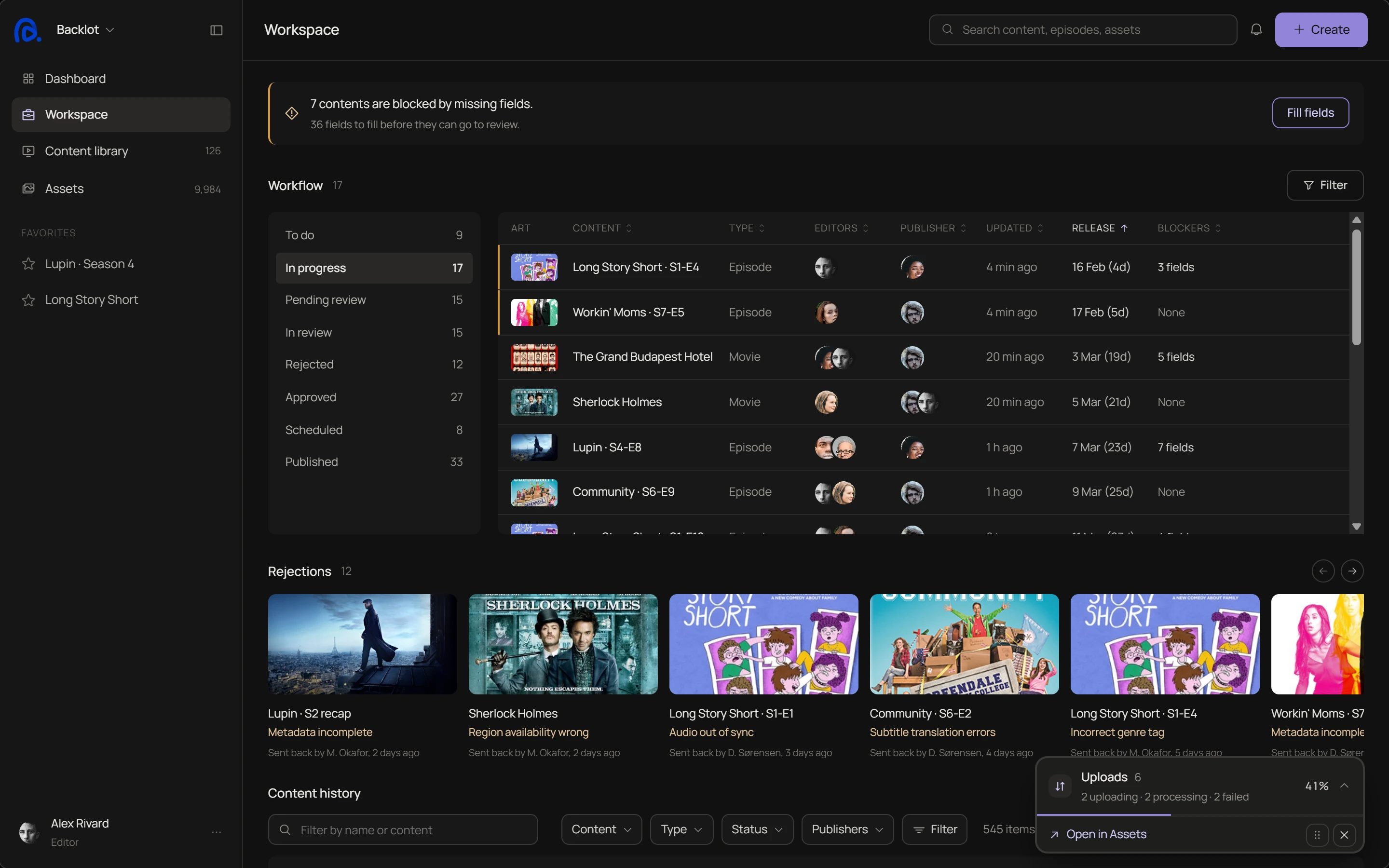 Editor workspace with the background uploads panel minimized in the corner