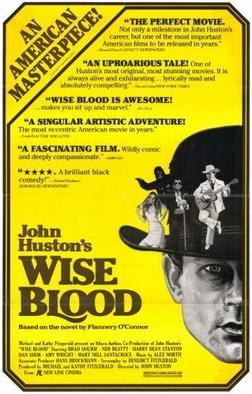 Image of the Wise Blood movie poster. It's bright yellow with positive film review shoutouts and featuring the disembodied head of a man wearing a black bowler hat. There's a ragtime band shrunk down and playing on the brim of the hat.