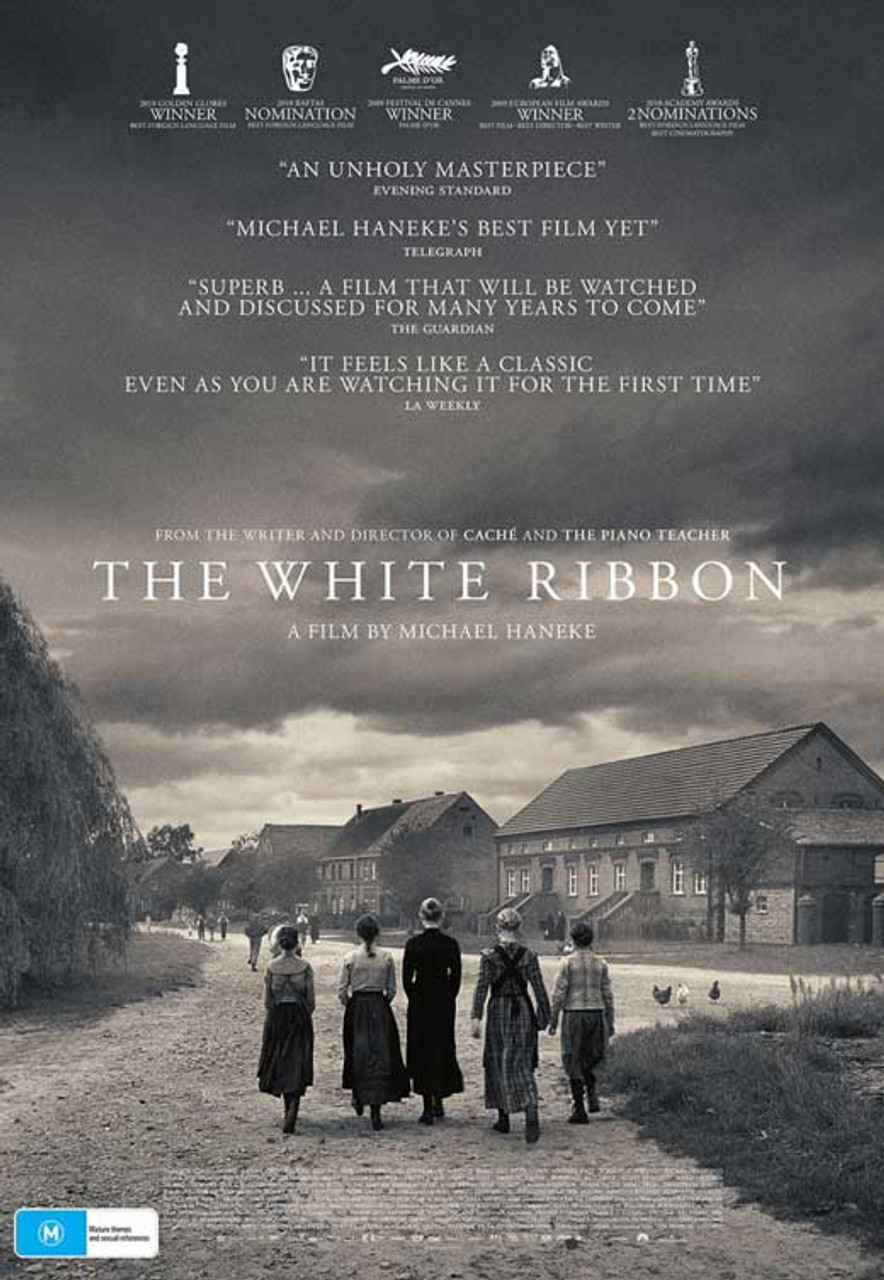 Black and white movie poster for "White Ribbon" feature a row of 19th century built houses and five figures walking on a centered path.