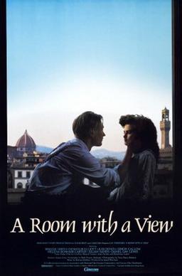 Movie poster for "Room with A View" featuring a man tenderly stroking a woman's face set against the Florence skyline.