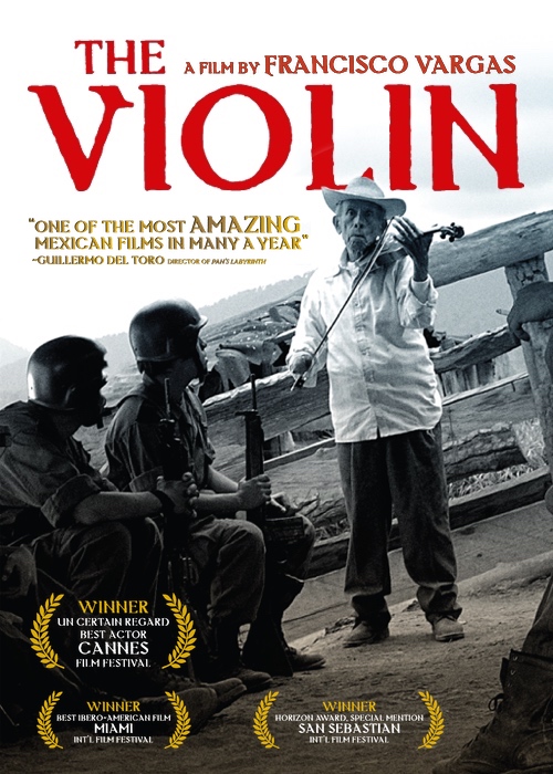 Movie poster for "The Violin" featuring an old man in black and white playing a violin for two resting soldiers with pistols who are in color.