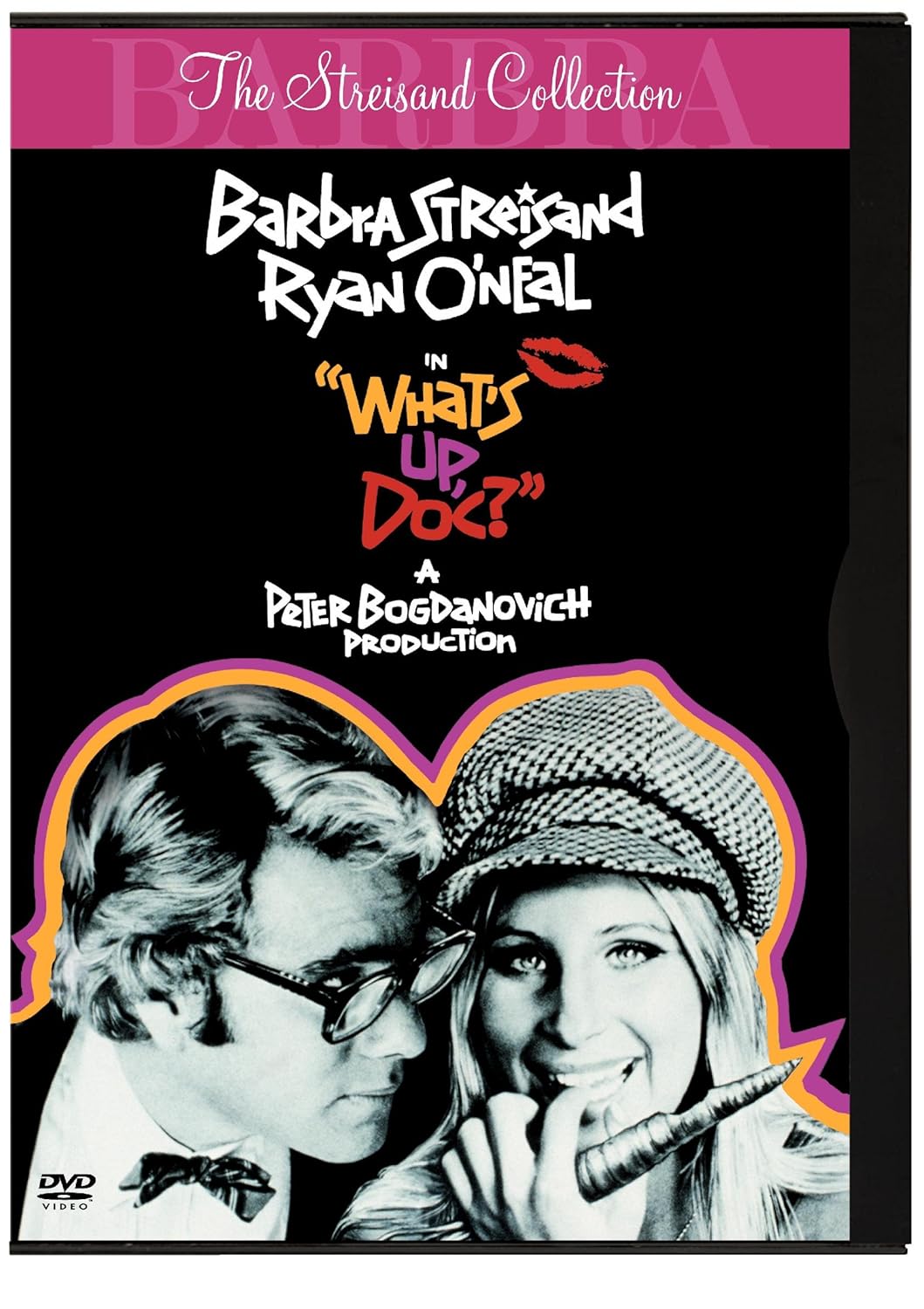 Movie poster for "What's Up Doc" featuring a collage style image of Barbra Streisand and Ryan O'Neal giggling closely. 