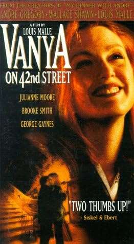 Movie poster for "Vanya on 42nd" featuring an enlarged image of a young Julianne Moore and a couple embracing.