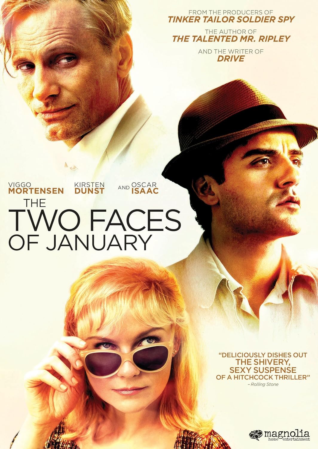 Movie poster for "Two Faces of January" featuring large shoulder-up images of the three stars of the film: Viggo Mortensen, Kirsten Dunst, and Oscar Isaac.