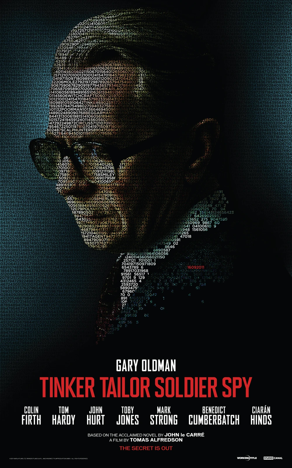 Key art movie poster for Gary Oldman's "Tinker, Tailor, Soldier, Spy". The image is a composite of numbers overlayed on a large, ominous image of an aristocratic man in a suite and glasses half turned away from the viewer.