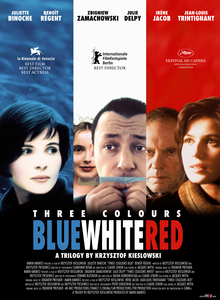 Movie poster for "Three Colors: Blue, White, Red". The colors separate the poster into three vertical columns, all featuring people in, presumably, different places. 