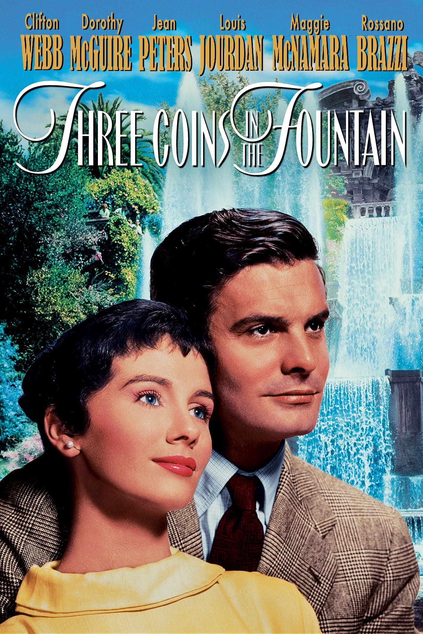 Movie poster for "Three Coins in the Fountain" featuring large images of Clifton Webb and Dorothy McGuire set against a lush landscape and a large waterfall with a stone temple at the top of it.