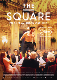 Movie poster for "The Square" featuring a shirtless fighter standing on top of a dinner table full of guests in an ornate European dining hall.