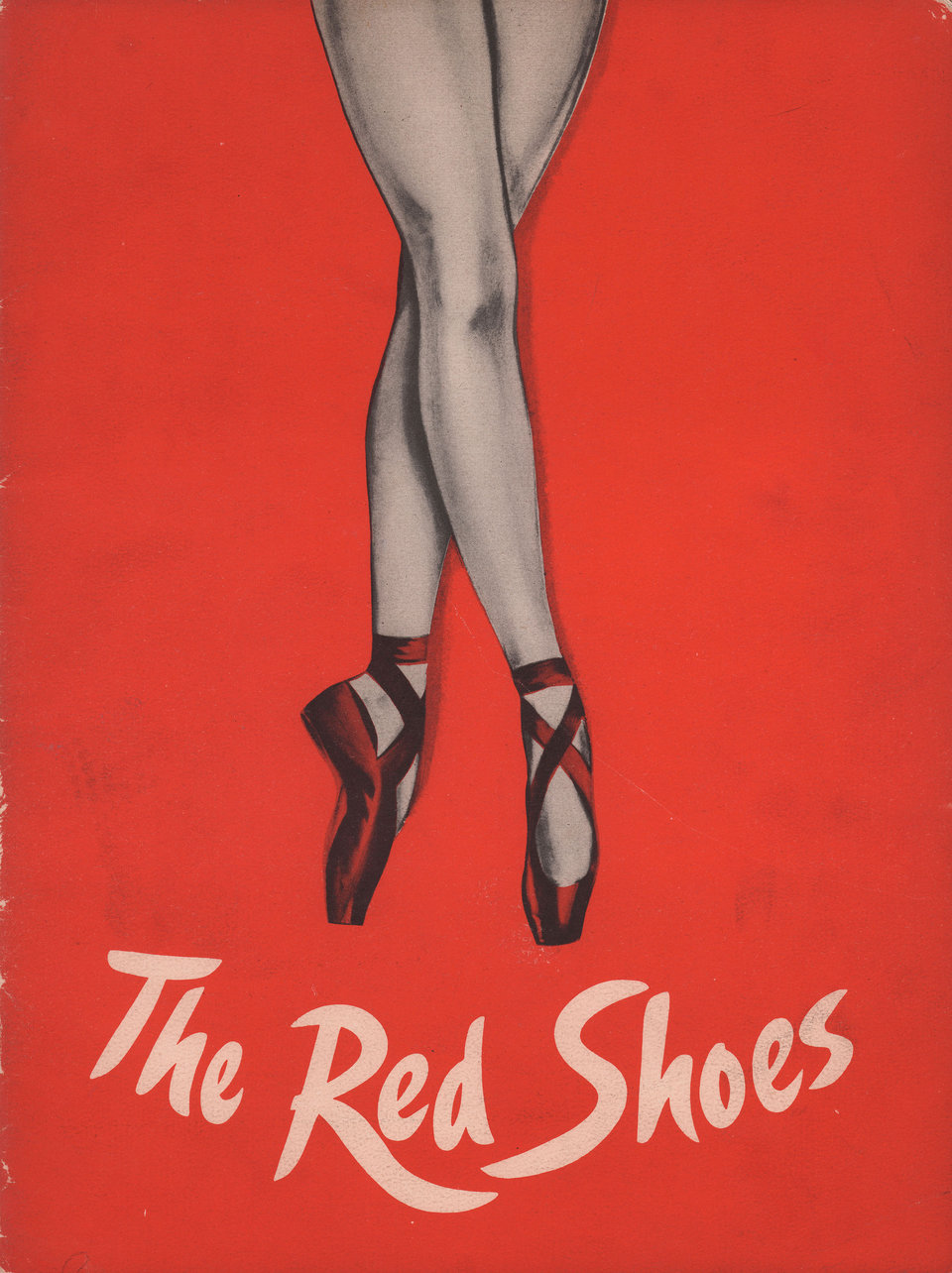 Movie poster for "The Red Shoes" featuring a red backdrop and a disembodied pair of dancer's legs standing en pointe in red pointe shoes.