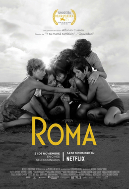 Movie poster for "Roma" featuring a black and white image of a group of children in bathing suits huddled together on the beach. 