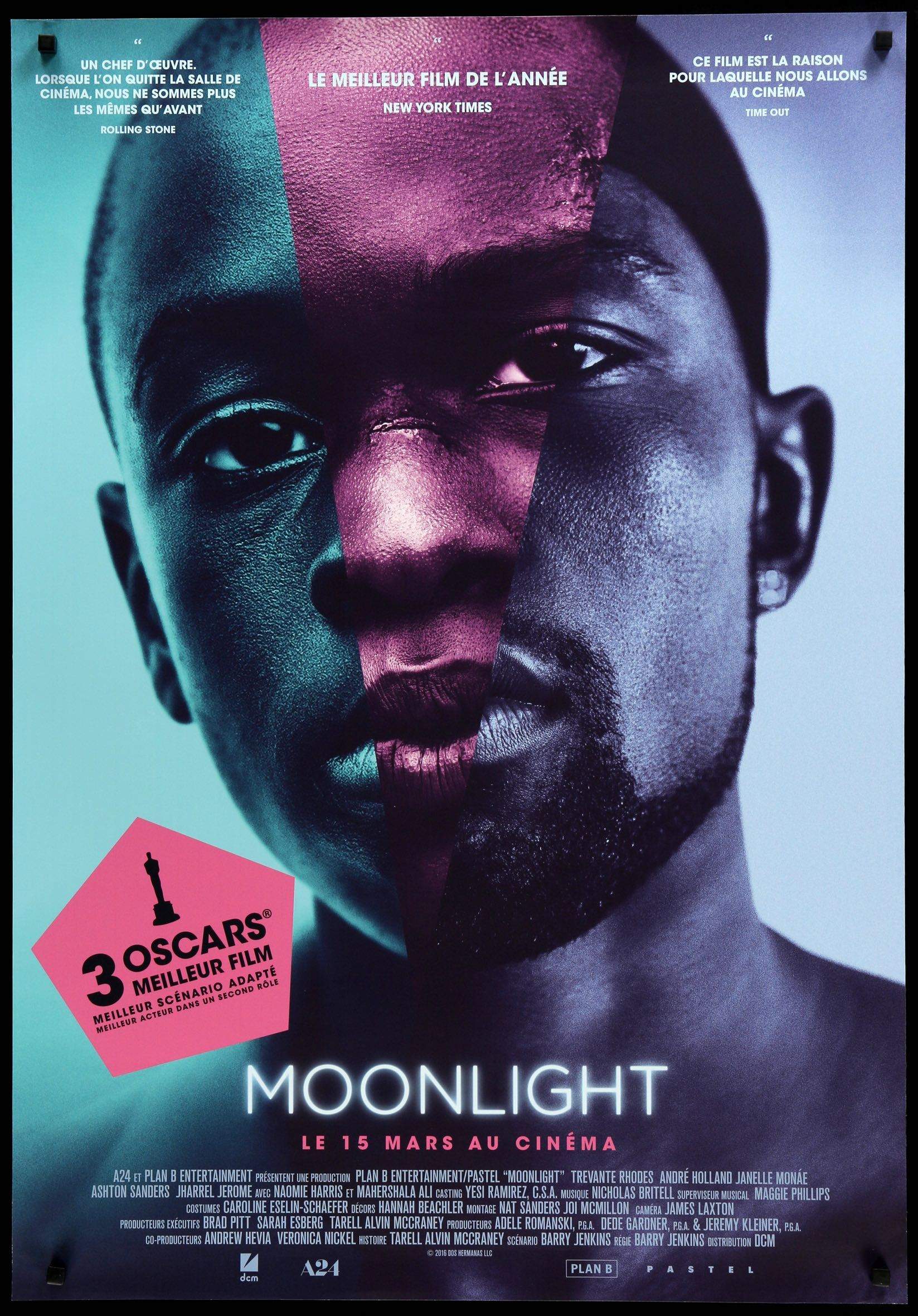 Movie poster for "Moonlight" featuring a large image of the main actor split into three color treatments by radial diverging segments.