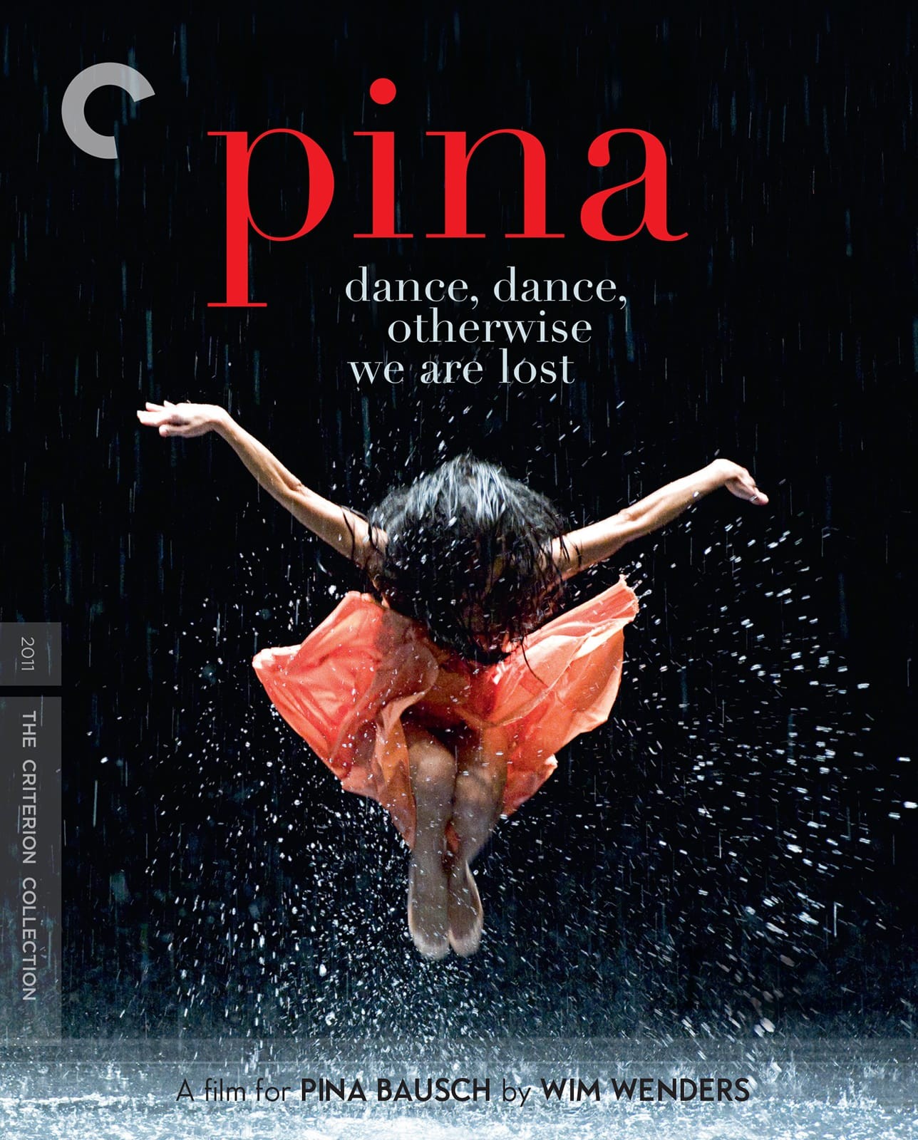 Movie poster for "Pina: Dance, dance, otherwise we are lost" featuring a woman dancing and jumping into the air while water pours down on her in a storm. 