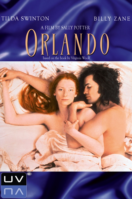 Movie poster for "Orlando" featuring a young Tilda Swinton and Billy Zane spooning, naked but covered by a bedsheet, in bed. Billy's asleep and Tilda's looking at the camera.