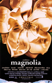 Movie poster for "Magnolia" Featuring a giant image of a magnolia flower, treated to look yellow/orange.