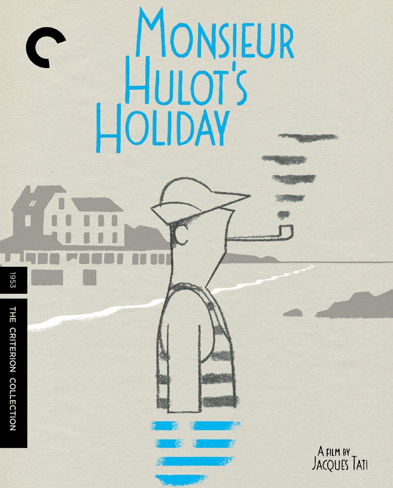 Movie poster for "M. Hulot's Holiday". Features a rudimentary pencil sketch of a frenchman in a bathing suite smoking a cigarette while submerged waist-high in a body of water.