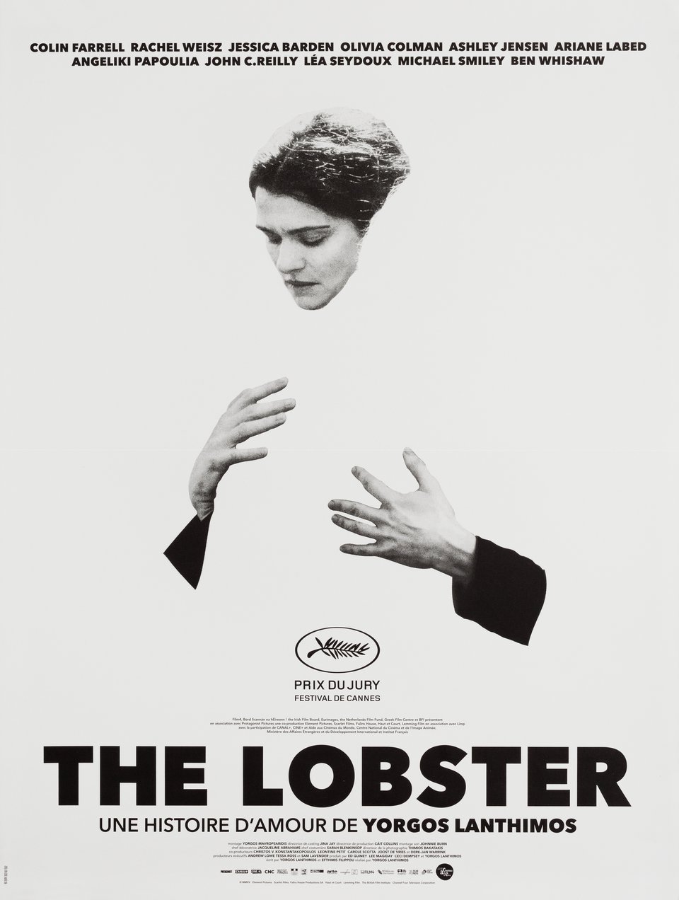 Movie poster for "The Lobster" featuring a white background and a black and white image of a female character embracing the negative space that another person would fill.