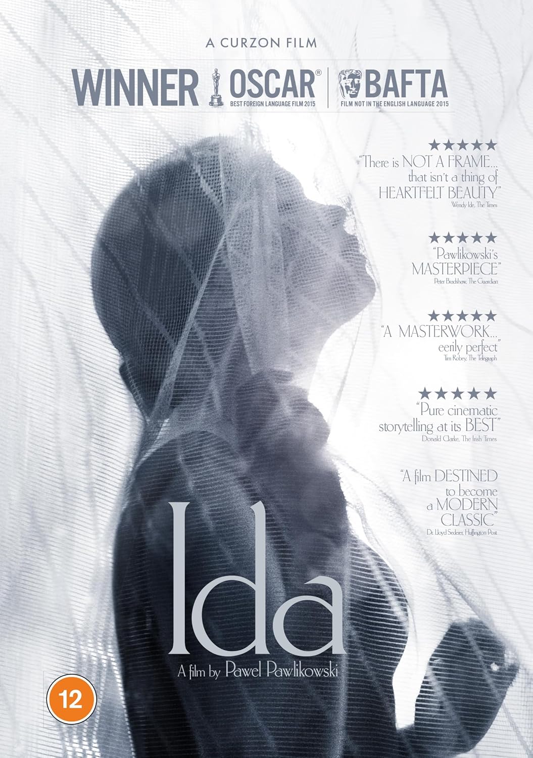 Movie poster for "Ida" featuring a black and white image of a woman looking up and a gauzy fabric partially obscuring her and the rest of the frame.