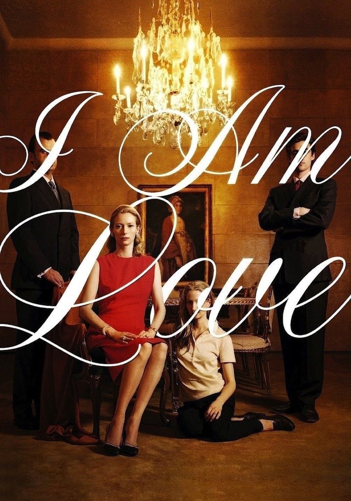 Movie poster for "I Am Love" featuring an aristocratic group or family sitting for a portrait with a chandelier lighting the scene. The title of the movie is typed in a calligraphic script and interwoven amongst the characters. 