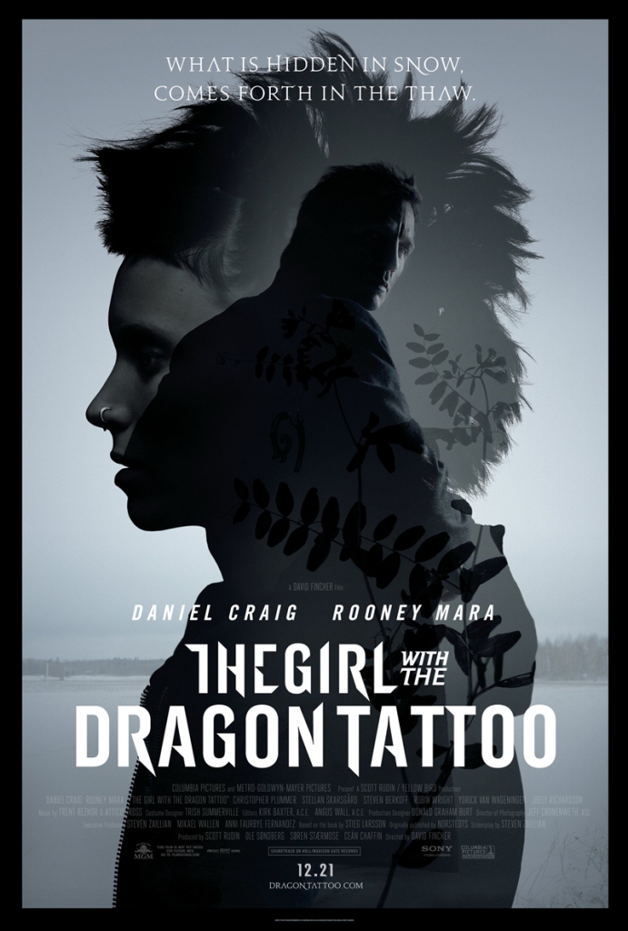 Movie poster for "Girl With the Dragon Tattoo" featuring a double exposure image of Rooney Mara's profile and Daniel Craig looking at the viewer inside it.